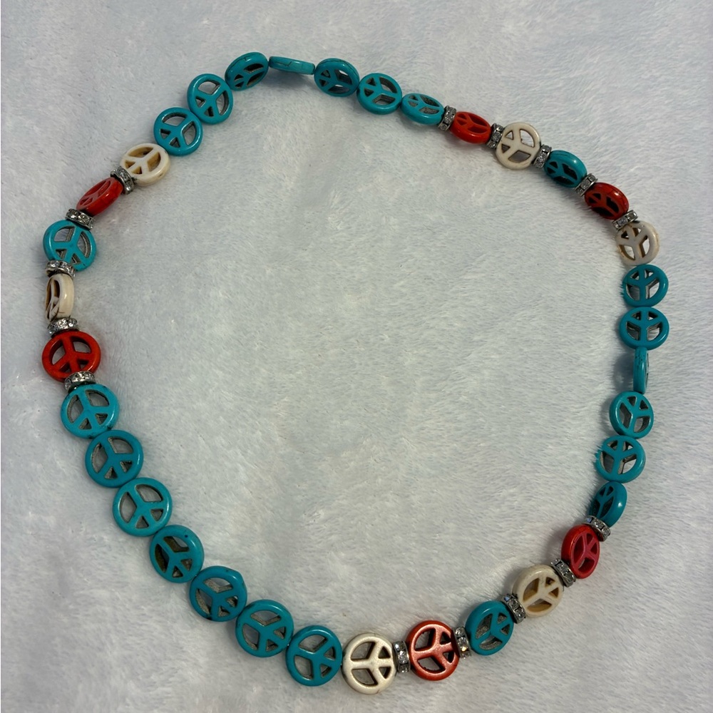 Handmade Turquoise Peace Sign Beaded Elastic Necklace